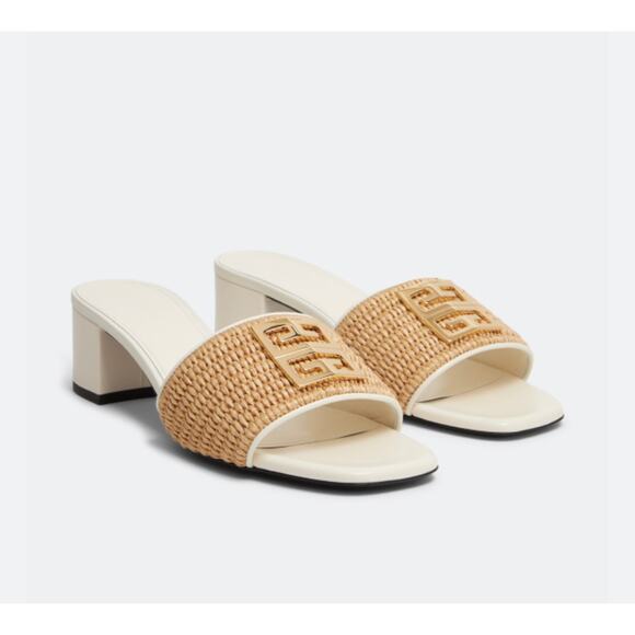 Givenchy Sandal Raffia 4G Block Heel Leather Mules Ivory Tan - Picture 1 of 11